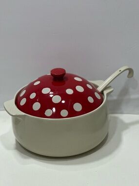 NEW World Market Mushroom Soup Pot Tureen Red White Polkadots Stoneware Ladle